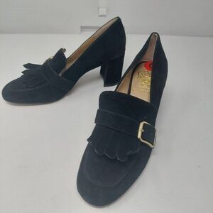 Vince Camuto Giuliann Black Suede Leather Fringe Block Heel Pumps Size 6 M